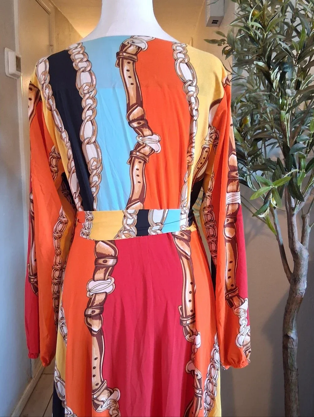 Dareen Hand‎ Made Chain Print Maxi Dress SzL Multicolor Wrap Vacation Beach